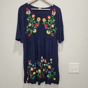 Riviera Sun Boho Embroidered Peasant Dress Navy Large‎ Flowy w/ Pockets